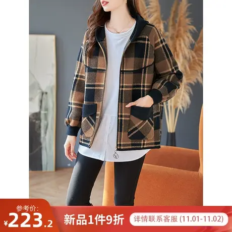 宝诗黎连帽格子针织短外套拉链开衫女2023年秋季新款宽松口袋上衣商品大图