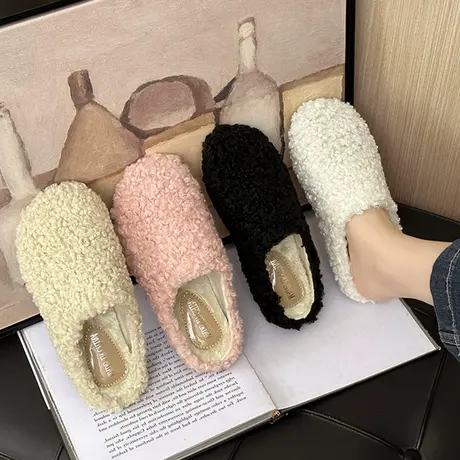 2023新款秋冬季外穿毛毛拖鞋女百搭网红羊羔毛加绒平底包头棉拖鞋图片