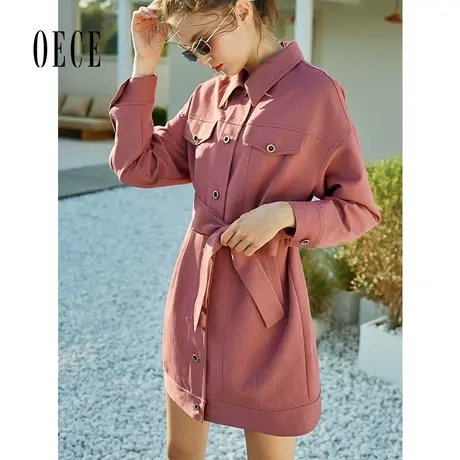 Oece春装新款女装 Cool复古女孩个性帅气翻领收腰中长款外套商品大图