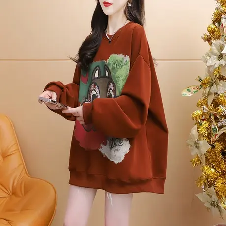 加绒加厚卫衣女中长款2023新款秋冬季爆款洋气减龄宽松设计感上衣商品大图