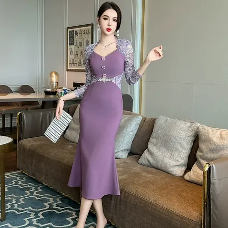 气质女神范紫色鱼尾连衣裙2023新款高端精致收腰拼接蕾丝包臀裙子图片