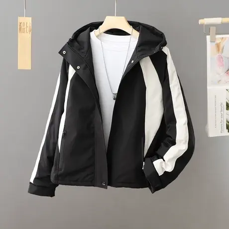 秋冬新款撞色连帽夹棉加厚外套棉衣女BF风冲锋衣保暖上衣情侣装潮图片