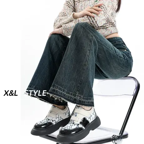 高腰加绒微喇牛仔裤女秋冬季2023新款显瘦设计感毛边马蹄喇叭裤子商品大图