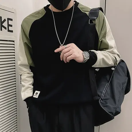 撞色长袖内搭体恤衫男秋冬新款ins个性痞帅潮牌轻熟重磅加厚卫衣商品大图