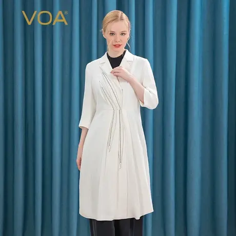 VOA重磅41姆米真丝白条纹西装领暗扣欧根纱黑色拱针桑蚕丝外套商品大图