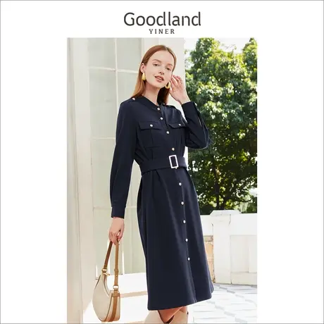 Goodland美地女装冬季单排扣收腰长袖衬衫连衣裙高级感图片