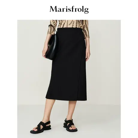 【羊毛半身裙】玛丝菲尔冬季新款黑色围裹式显瘦羊毛半身裙商品大图
