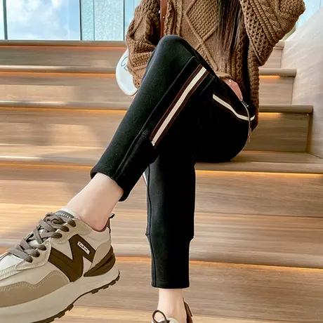 抽绳束脚运动裤女冬季新款撞色条纹加绒加厚高腰直筒休闲哈伦卫裤图片