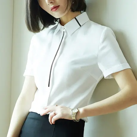 雀后衬衫女职业2022夏季新款方领工作服工装抗皱免烫白色短袖衬衣商品大图