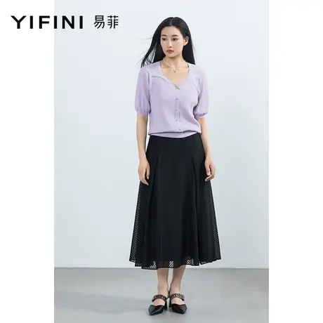 Yifini/易菲黑色经典波点中长款半身裙女夏季新款百搭A字裙图片