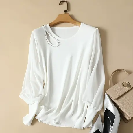 秋装2023年新款雪纺袖冰丝针织衫女长袖宽松上衣洋气蕾丝打底衫女商品大图