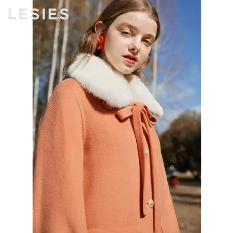 蓝色倾情秋冬款女装橘色可脱兔毛领双面呢大衣女长款羊毛外套图片