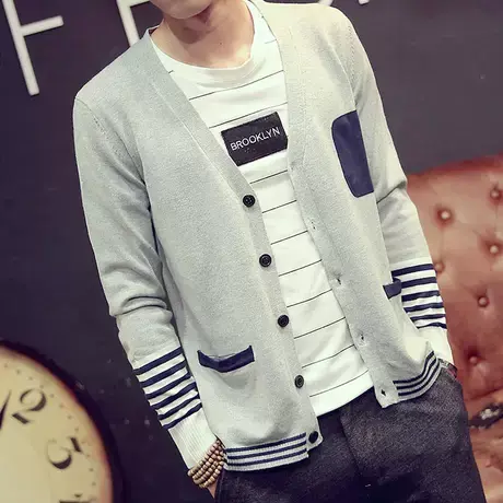 春秋针织衫韩版修身拼色开衫毛衣潮男外套休闲上衣服男青年毛线衫商品大图