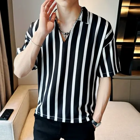 宽松V领短袖t恤男士潮流竖条纹免烫夏装ins休闲带领冰丝港风半袖商品大图