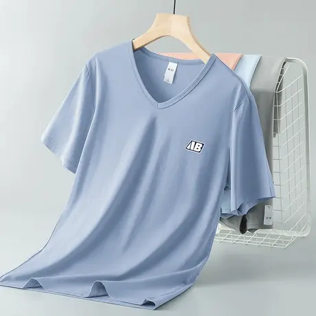 莫代尔短袖t恤男潮流V领上衣服夏季冰丝凉感速干半袖体恤简约百搭商品大图