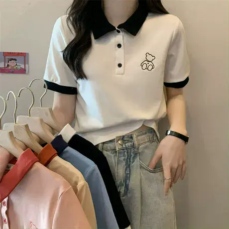 胖mm大码撞色polo领上衣女正肩短袖夏季小熊百搭宽松显瘦T恤200斤图片
