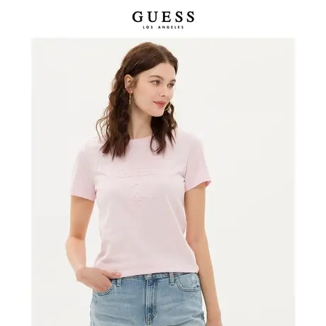 【38上新季】GUESS新品女士立体压印LOGO纯棉休闲圆领短袖T恤上衣商品大图