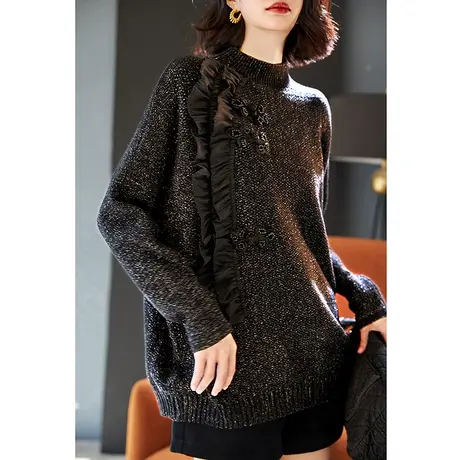 宝诗黎半高领拼接亮丝蝙蝠袖毛衣2024春季新款长袖套头针织衫女装商品大图