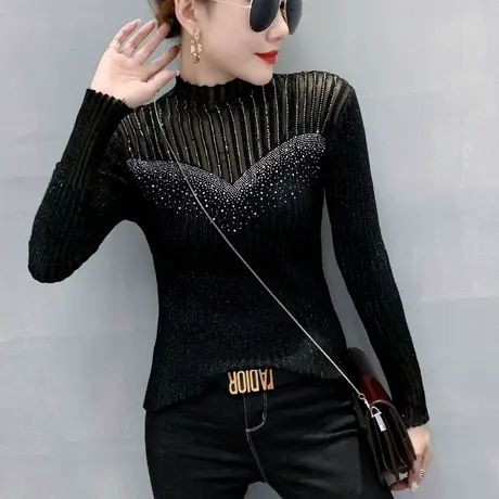 性感镂空网纱拼接针织衫时尚烫钻洋气上衣紧身内搭打底毛衣女秋冬图片
