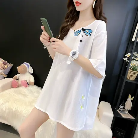 纯棉短袖T恤女装宽松2024年新款春季洋气中长款设计感打底衫爆款商品大图