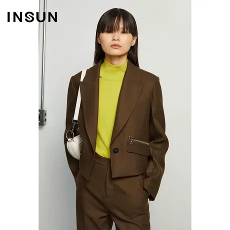 INSUN恩裳冬季口袋一粒扣羊毛纯色短外套图片