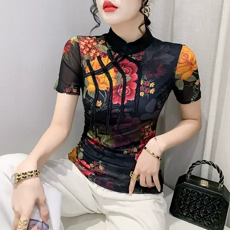中国风女装复古立领盘扣T恤女短袖洋气别致网纱上衣减龄印花小衫商品大图