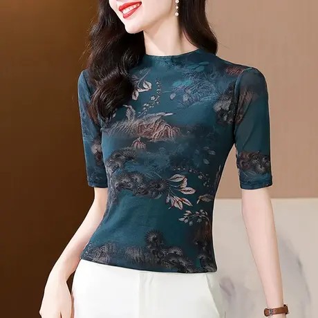 2024夏装新款立领网纱T恤女五分袖气质复古修身上衣时尚印花小衫图片