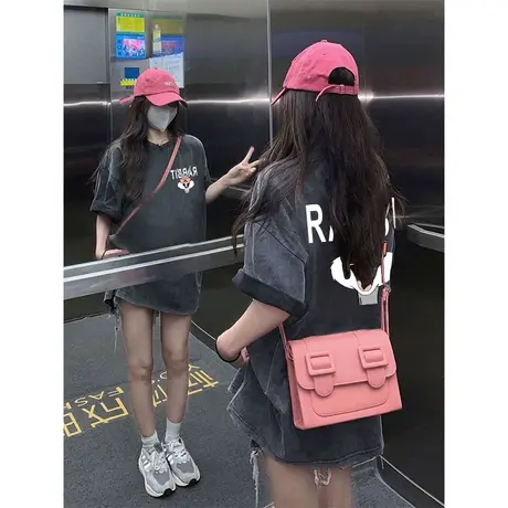 水洗做旧短袖t恤女2023夏季新款设计感小众中长款遮屁股上衣潮牌商品大图