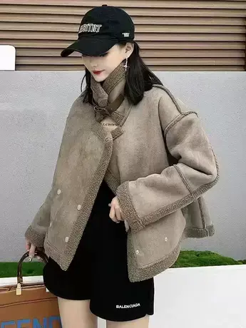 韩版皮毛一体羊羔毛大翻领外套女秋冬高级感羊羔绒短款机车服夹克商品大图