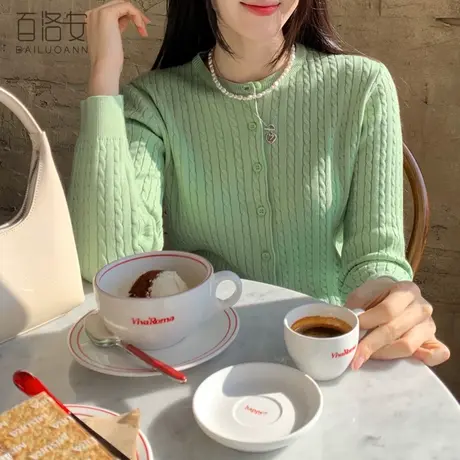 百洛安圆领长袖针织衫开衫时尚绞花小外套2024春季新款温柔风上衣商品大图