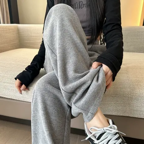 灰色窄版雪尼尔阔腿裤女秋冬新款高腰宽松垂感仿羊绒休闲直筒裤子商品大图