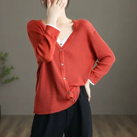 dza 文艺复古假两件针织衫女士短款开衫外套新款秋季外穿薄款上衣图片