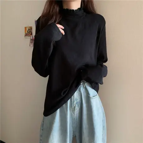 半高领蕾丝打底衫长袖t恤女秋冬季加绒加厚内搭设计感小众上衣服商品大图