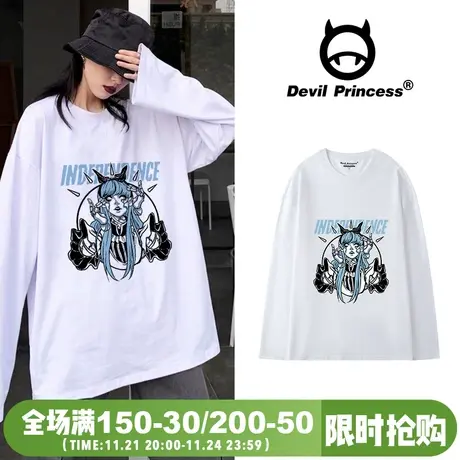 高街ins潮牌T恤女宽松oversize甜丧风纯棉BF风vintage长袖上衣秋图片