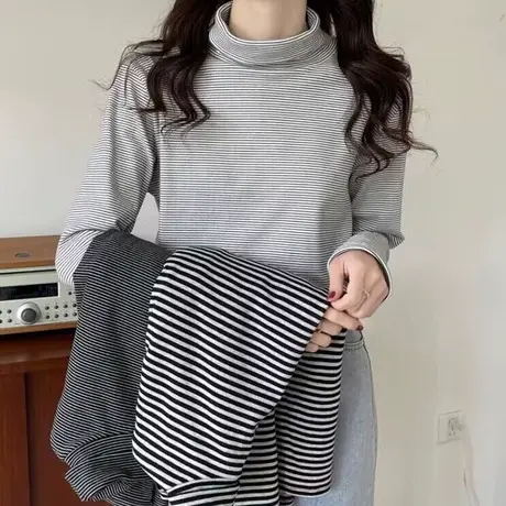 条纹高领长袖T恤女秋冬季内搭加厚打底衫双面德绒磨毛修身上衣服商品大图