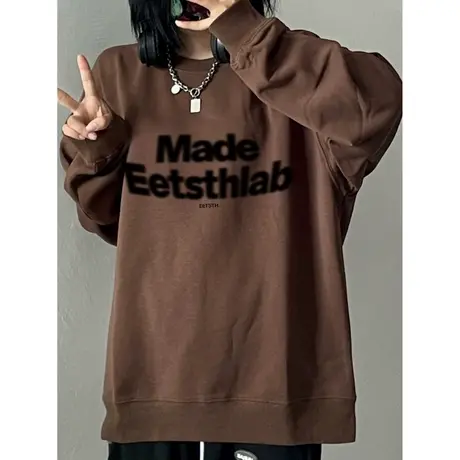 咖色无帽卫衣女春秋加绒hiphop潮牌小众oversize宽松情侣长袖上衣商品大图