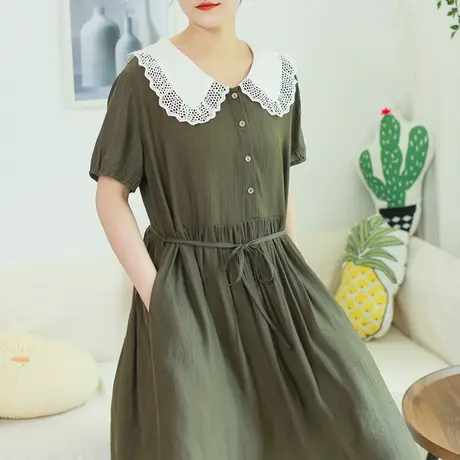 夏新品撞色大翻领复古连衣裙大码法式精致宽松长裙商品大图