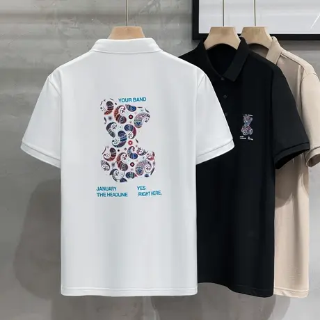 潮牌网红有领短袖POLO衫男2023夏季新款t恤男士小熊印花翻领半袖T图片
