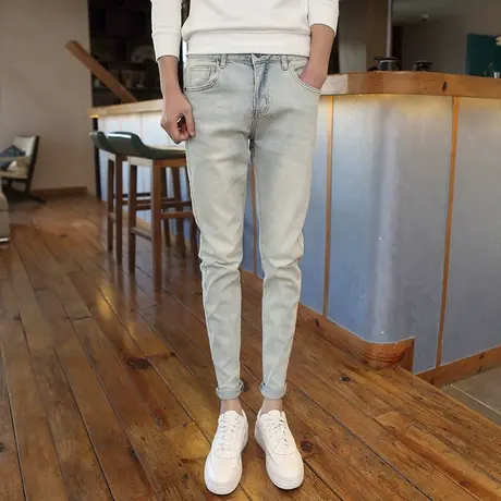 2023春夏新品纯色浅蓝做旧铅笔裤男潮个性门禁撞色小脚牛仔裤长裤图片