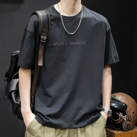 圆领短袖t恤男士宽松大码潮牌夏季2024新款男款黑色男装胖子体恤商品大图