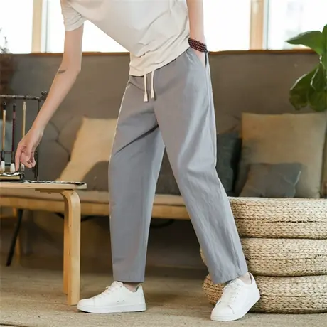 亚麻裤男裤子夏季薄款休闲裤男士萝卜裤中国风男裤棉麻宽松哈伦裤商品大图