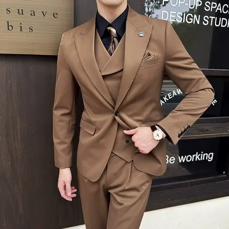 意式加宽戗驳领西服男个性金属链条双排扣马甲套装通勤痞帅礼服潮图片