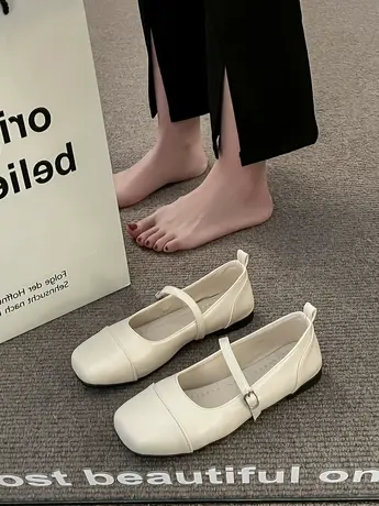 法式复古奶奶鞋女2023新款一字带软皮单鞋浅口平底小皮鞋玛丽珍鞋图片