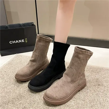 靴子女2023秋款平底小短靴女中筒瘦瘦鞋网红新款百搭马丁靴英伦风商品大图