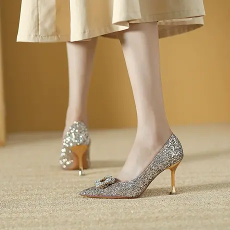 2024年春夏季新款性感水钻高跟鞋女细跟尖头方扣浅口百搭宴会单鞋图片