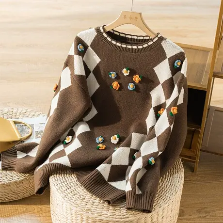 套头针织衫女文艺复古立体花朵装饰秋冬毛衣内搭宽松休闲2024新款商品大图