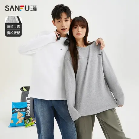 三福2024春男士重磅英文印花长T恤 宽松纯棉圆领上衣男479168商品大图