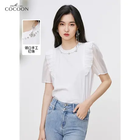 miss COCOON莱赛尔白色短袖t恤女2023夏新款荷叶边钉珠设计感上衣商品大图