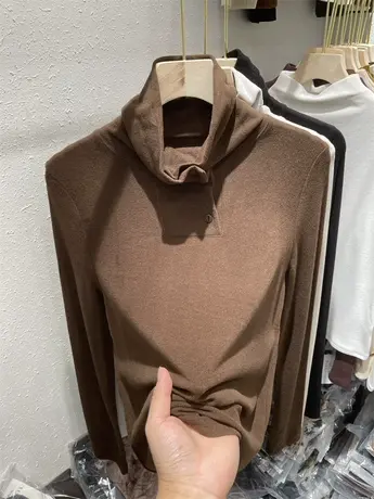 软糯纽扣高领德绒磨毛长袖T恤女卫衣2023秋冬新款休闲打底衫上衣商品大图