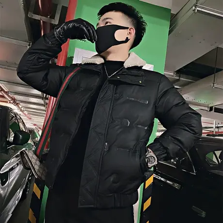 棉衣男冬季2023新款韩版痞帅羊羔毛翻领拼接冬装短款修身棉服外套图片